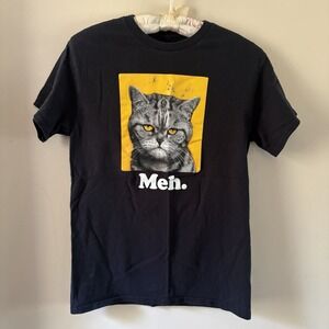 Funny Cat Meh Black Graphic T-Shirt Unisex Small